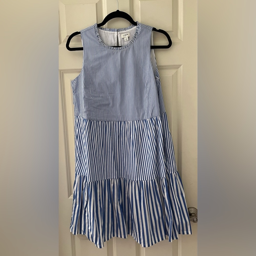 NWT J.Crew blue & white tiered striped sleeveless sundress, size 6 ruffle collar